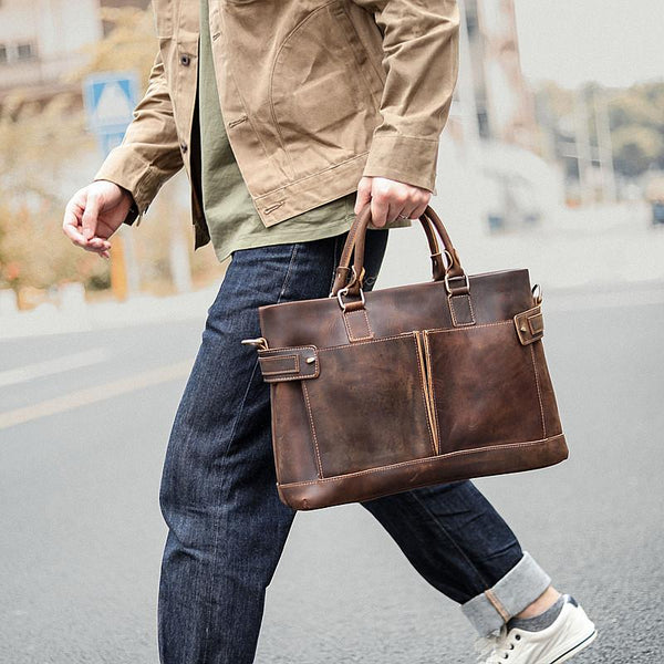 Vintage Dark Brown Mens Leather Briefcase Work - Back View