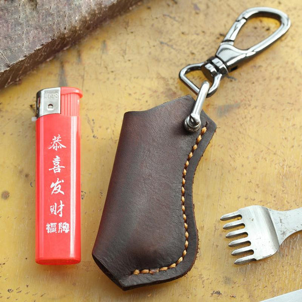 Dark Brown Leather Mens Disposable Lighter Case - Back View