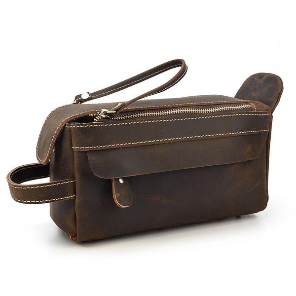 Brown Leather Men's Clutch Bag Double Zipped - Back View