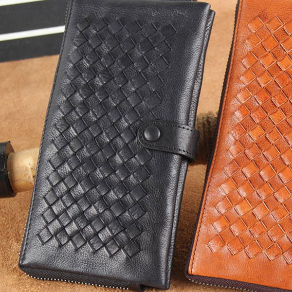 Genuine Leather Mens Cool Braided Wallet Long - Back View