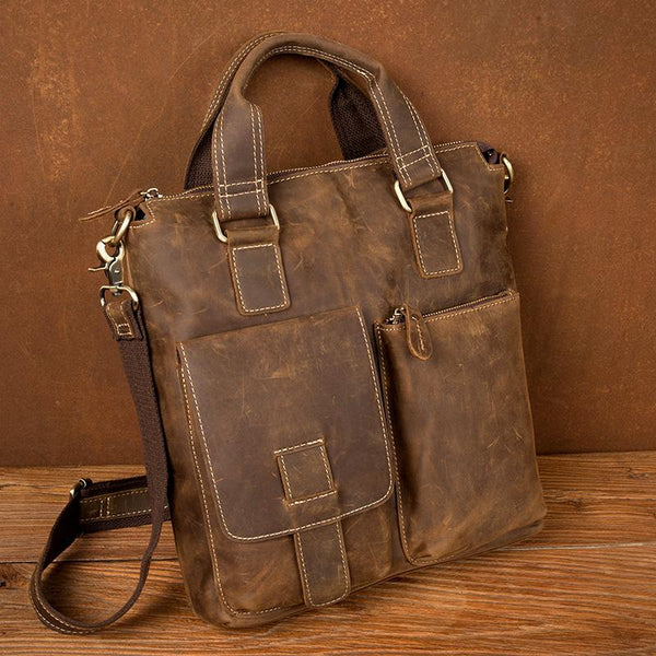 Vintage Brown Leather Mens 13 inches Vertical Briefcase Laptop Bags Business Bag MSG03781040