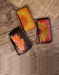 Womens Red Leather Zip Around Wallets Sunflower Wristlet Wallets Flower Ladies Zipper Clutch Wallet for Women