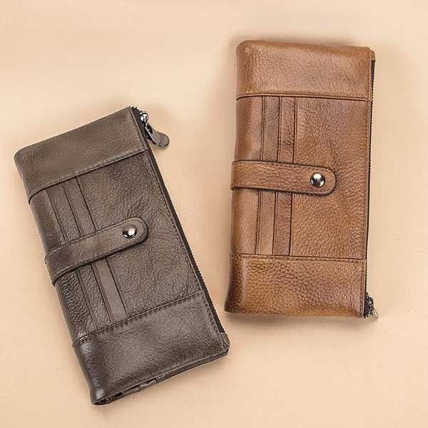 Brown Leather Long Wallet for Men Bifold - Back View