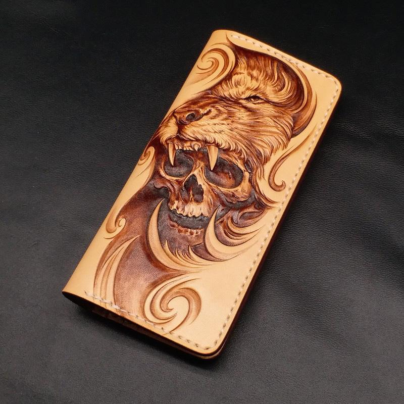 Beige Handmade Tooled Lion Skull Leather Mens Long Wallet Bifold Clutch For Men