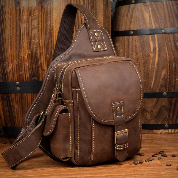 Casual Brown Leather Mens Sling Packs Sling - Back View