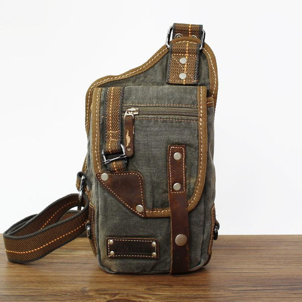 Canvas Black Mens Sling Bag Green Chest - Back View