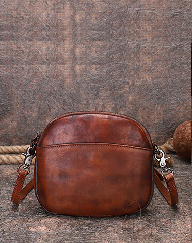 Vintage Small Leather Womens Round Brown Shoulder Bag Handmade Around Crossbody Purse for Ladies