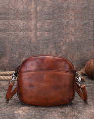Vintage Small Leather Womens Round Brown Shoulder Bag Handmade Around Crossbody Purse for Ladies