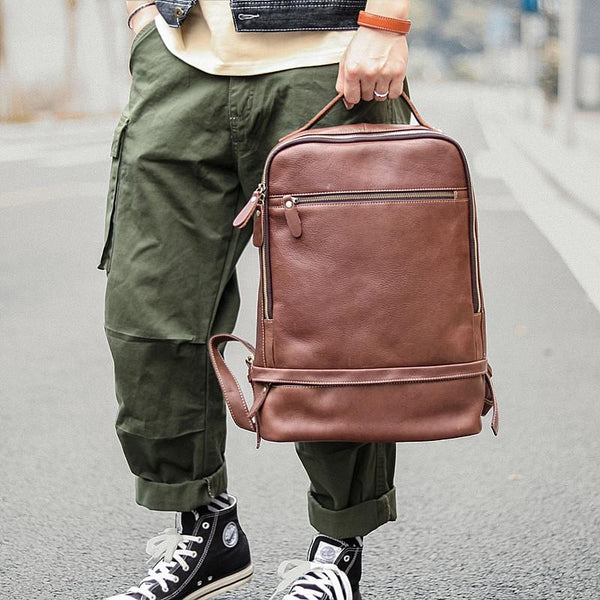 Brown Cool Leather Mens School Backpack College Backpack Computer Backpack For M ZOY0449051