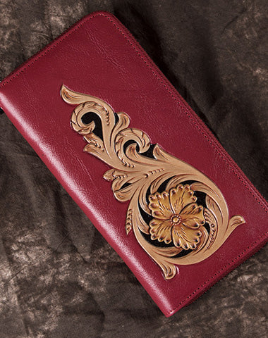 Handmade Floral Coffee Leather Wristlet Wallet Womens Zip Around Wallets Flowers WW00981067