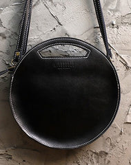 Cute Round LEATHER Handbag Black WOMEN Circle SHOULDER BAG Small Crossbody Purse FOR WOMEN