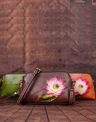 Womens Lotus Flower Brown Leather Wristlet Wallets Shoulder Bag Small Crossbody Bag for Women