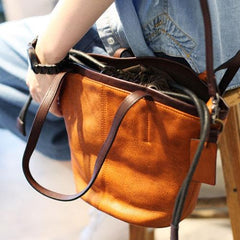 Leather Drawstring Bucket Bag Tan Bucket Shoulder Bag - Annie Jewel