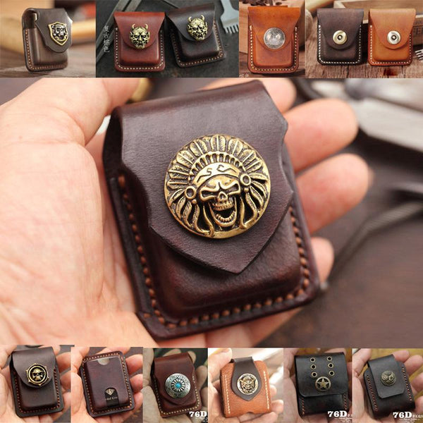 Handmade Brown Leather Mens Zippo Lighter Case - Back View