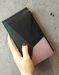 Cute Womens Patchwork Light Coffee Leather Card Wallet Card Clutch Wallet Zip Card Holder Wallet for Women