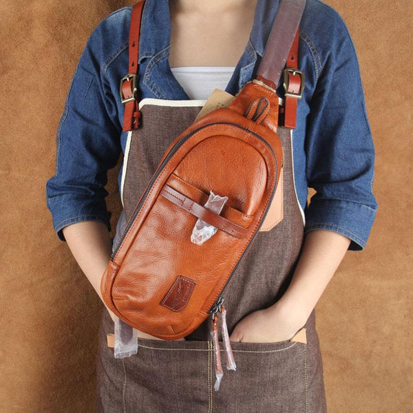 Genuine Brown Leather Mens Cool Chest Bag Sling Bag Brown Crossbody Pack One Shoulder Backpack for men