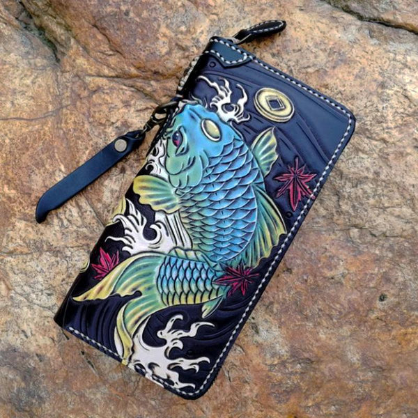 Black Handmade Double Carp Tooled Leather Long - Back View