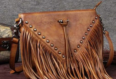 Genuine Leather Bag Vintage Rivet Tassel Bag Crossbody Bag Shoulder Bag Purse For Women - EverHandmade