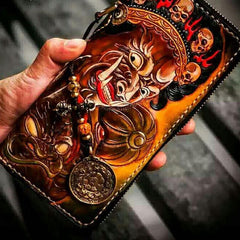 Handmade Leather Mahākāla Mens Tooled Chain Biker Wallet Cool Long Leather Wallet With Chain Wallets for Men