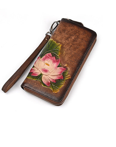 Womens Lotus Flower Brown Leather Zip Around Wallet Wristlet Wallet Flower Ladies Zipper Clutch Wallet for Women