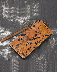 Womens Bird Floral Tan Leather Wristlet Wallet Zip Around Wallets Floral Ladies Zipper Clutch Wallet for Women