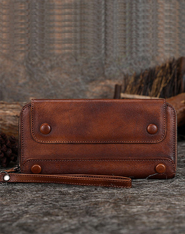 Vintage Brown Leather Wristlet Wallets Womens Zip Around Wallet Ladies Bifold Clutch Wallet for Women