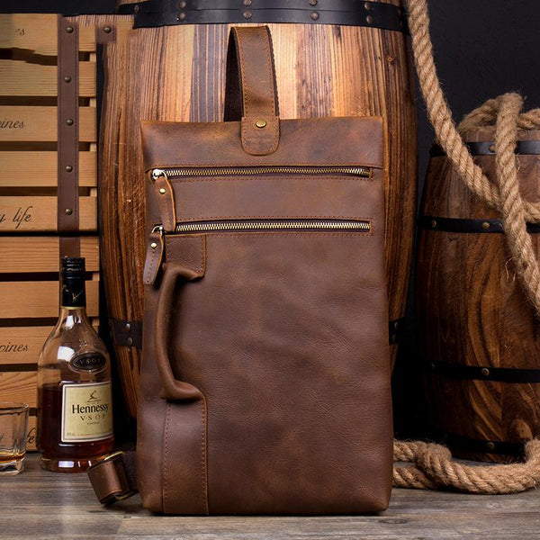 Casual Brown Leather Mens Large Sling Pack - Back View