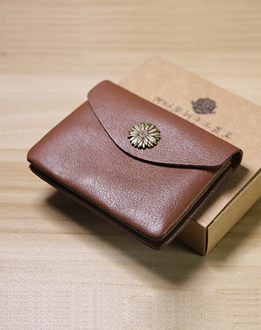 Slim Women Dark Brown Sunflower Leather Card Wallet Minimalist Envelope Card Holder Wallet Coin Wallet For Women