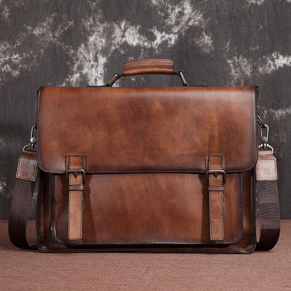 Brown Leather Men's Professional Briefcase 14'' Laptop - Back View