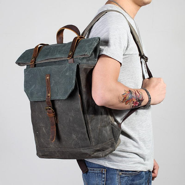 Casual Waxed Canvas Green Men's Travel School Backpack Laptop Backpack For Men APHE01692003