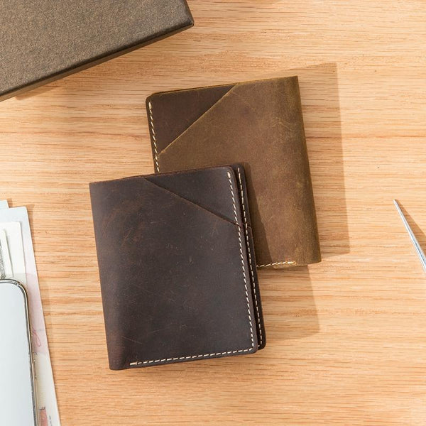 Brown Cool Leather Mens Small Wallets Front Pocket Wallet Vintage Thin Bifold bi HB00591045