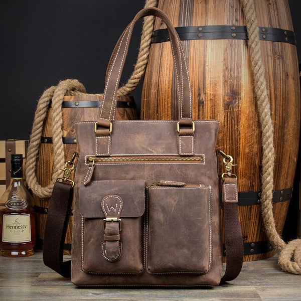 Casual Brown Leather 12 inches Shoulder Briefcase - Back View