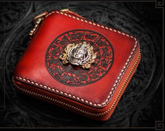 Handmade Leather Small Tooled Mens billfold Wallet Cool Chain Wallet Biker Wallets for Men