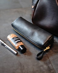 leather makeup train case​ leather makeup pouch​ Vintage Women Black Leather Zipper Pencil Pouch Cosmetic Case Makeup Bag Wallet For Women