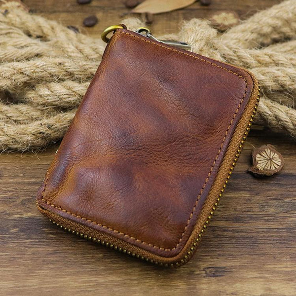 Brown Men Leather Zip Billfold Small Chain - Back View