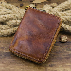 Brown Men Leather Zip Billfold Small Chain Wallet with Coin Pocket Biker Bifold Chain Wallet for Men