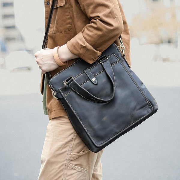 Vintage Black Mens Leather Vertical Briefcases Work - Back View