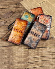 Womens Yellow&Coffee Leather Zip Around Wallets Ostrich Pattern Wristlet Wallets Ladies Zipper Clutch Wallet for Women
