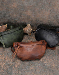Vintage Women Leather Waist Bag Black Gray - Open View