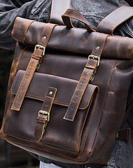 Cool Leather Coffee Rolltop Mens Backpacks Travel Backpack Vintage Backpack for Men