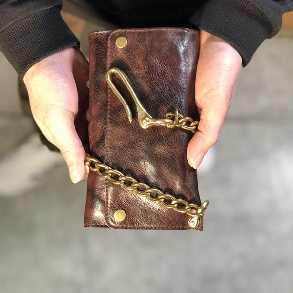 Black Wallet On Chain Leather Trifold Wallet - Back View