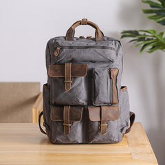 Cool Waxed Canvas Leather Mens Waterproof 15'' Backpack Gray Travel Backpack Hiking Backpack for Men