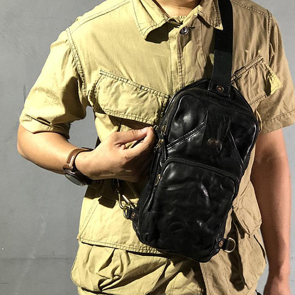 Vintage Black Leather Mens Cool Chest Bag - Back View