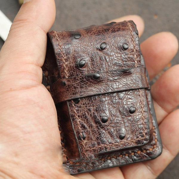 Brown Ostrich Style Leather Mens Holster Zippo - Back View
