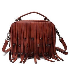Red Vintage Womens Leather Purse Tassel Handbag Brown Shoulder Bag Crossbody Purses for Ladies