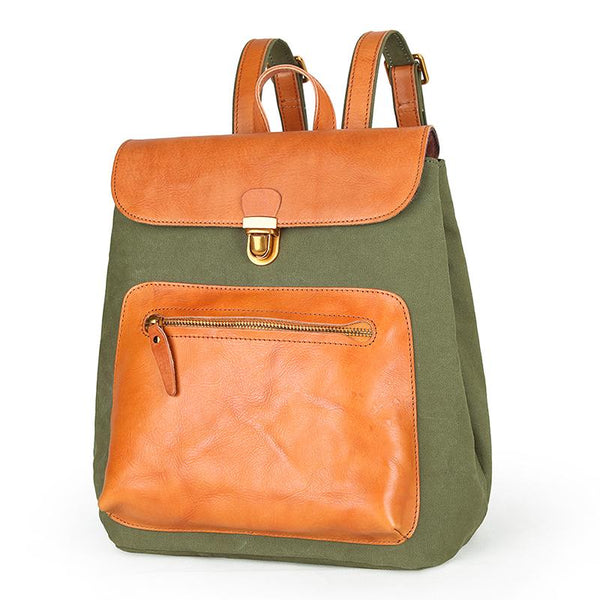 Canvas Leather Mens Women Student Backpack Army Green Travel Backpack Caramel Co SCC02891026