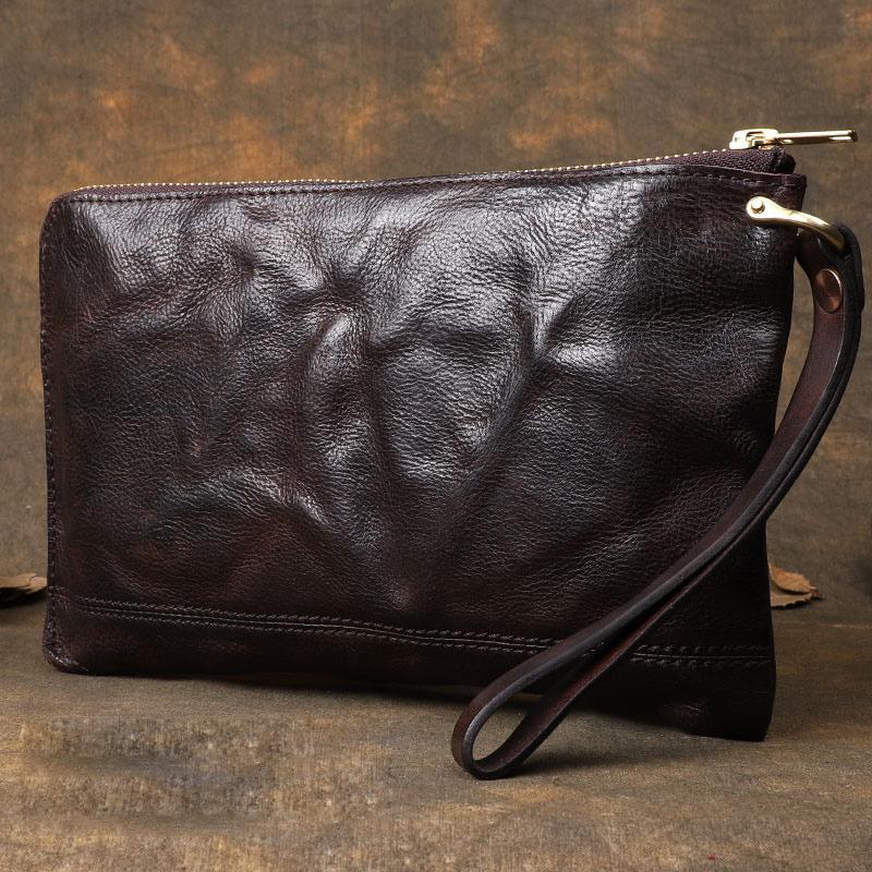 Cool Wrinkled Leather Mens Brown Long Wallet Wristlet Wallet Black Zipper Clutch Wallet for Men