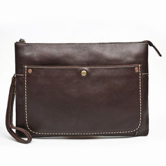 Large Brown MENS LEATHER SLIM ZIPPER CLUTCH Dark Coffee WRISTLET PURSE Envelope Briefcase Bag For Men