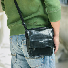 Cool Black Wrinkled Leather Men Vertical Square Side Bags Black Messenger Bag Courier Bag For Men