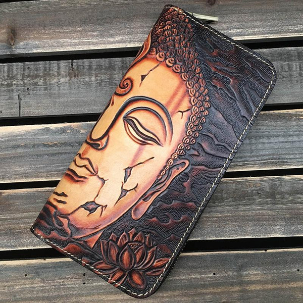 Black Handmade Buddha Leather Long Wallet Zipper - Back View